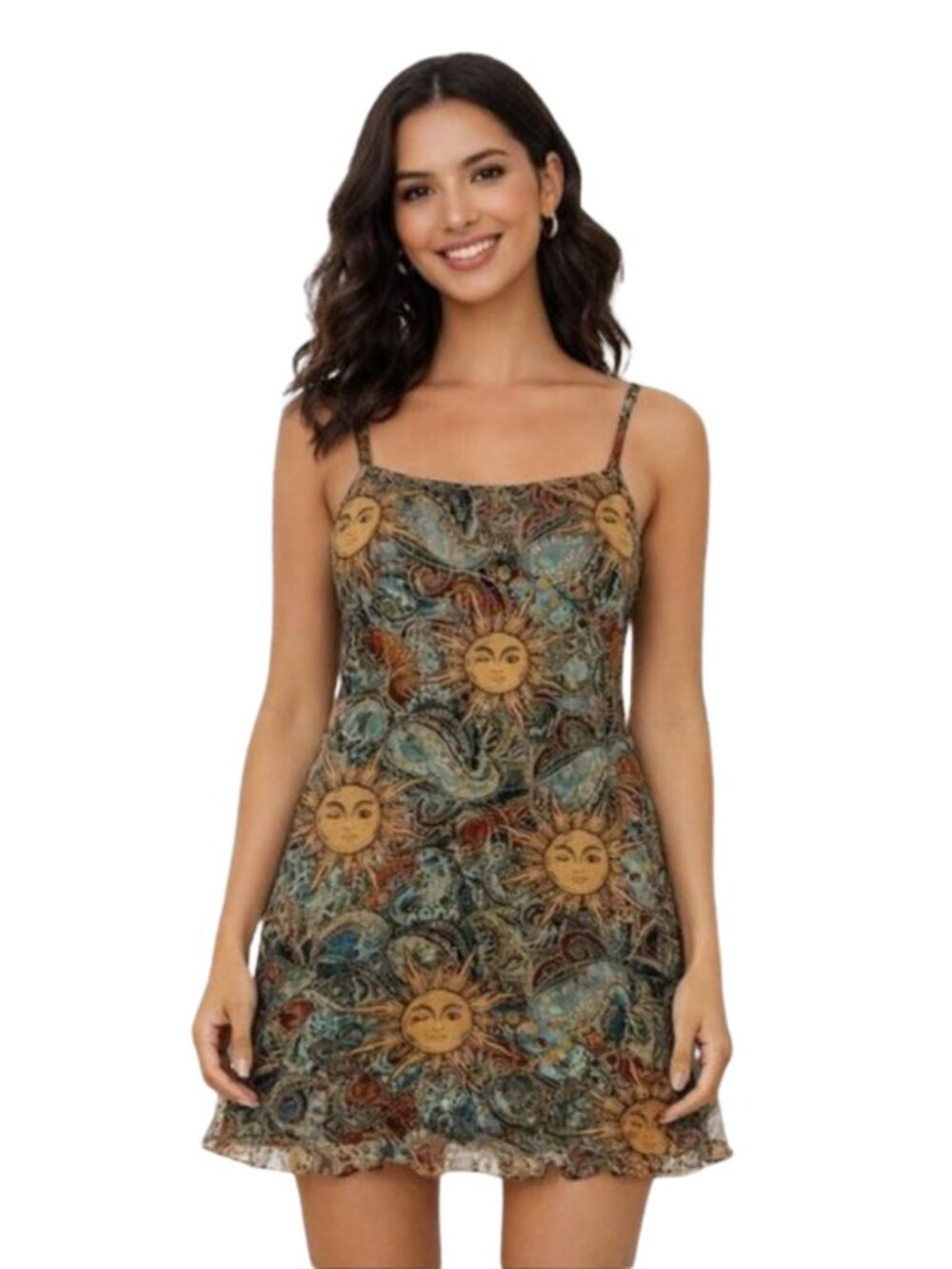 Shein Celestial Sun Print Mini Dress M | Y2K Boho Fairy Grunge Ruffle Hem